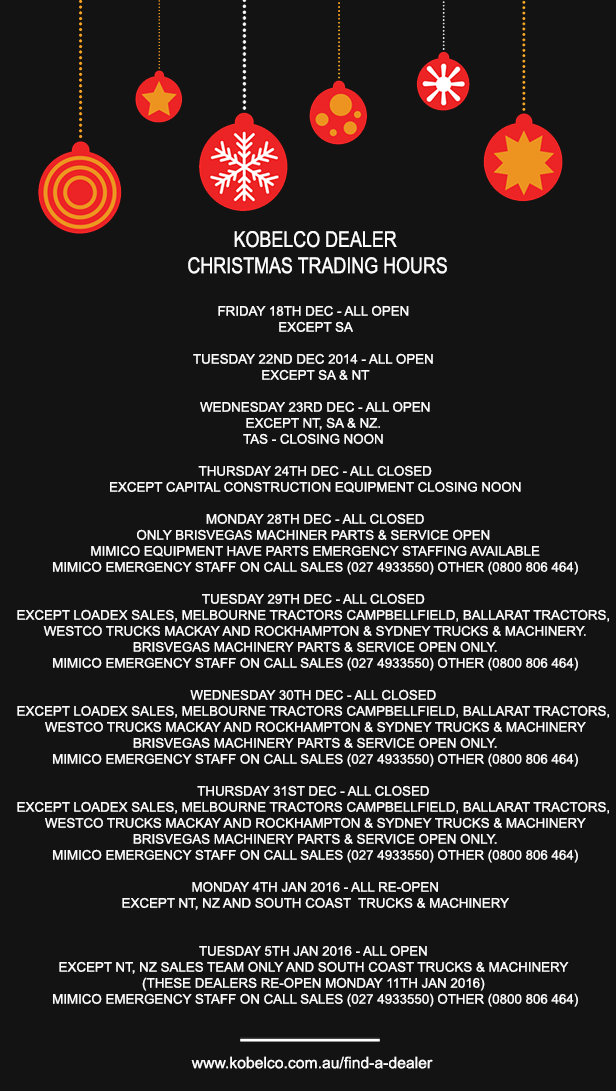 Image Christmas Trading Hours 1 - Kobelco Excavators